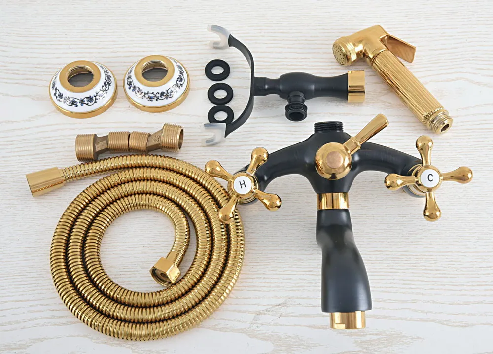 

Modern Style Black Oil Rubbed Bronze & Luxury Golden Bath Shower Faucet Wall Mount Dual Handle Clawfoot Tub Mixers W/Hand Shower