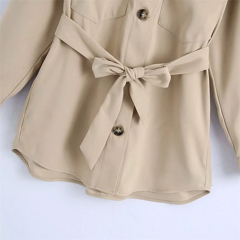 

TRAF Women 2021 Fashion Khaki Work With Belt Back Pleated Blouses Vintage Lantern Sleeve Button-up Female Shirts Streetwear
