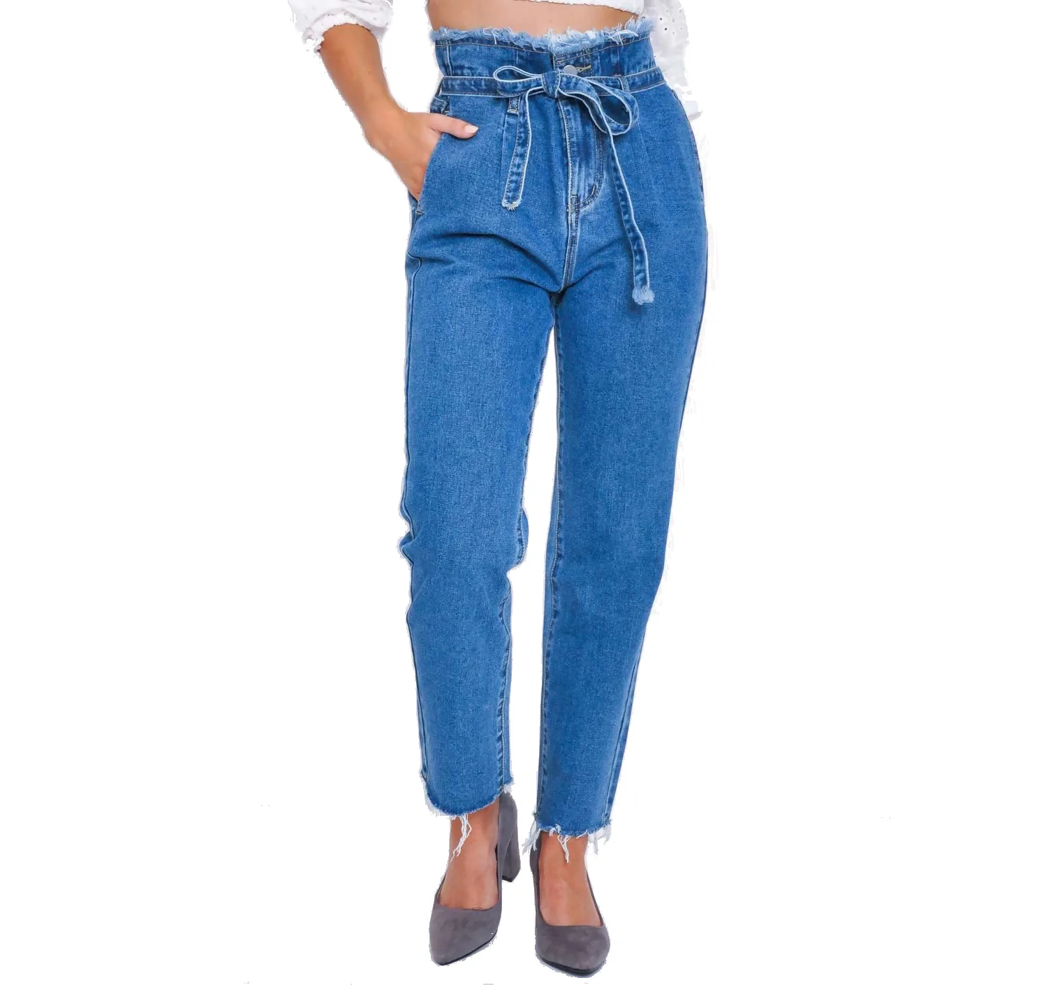 

Women's Wear New High Waist Tassel Belt Jeans Drawstring Denim Jeans