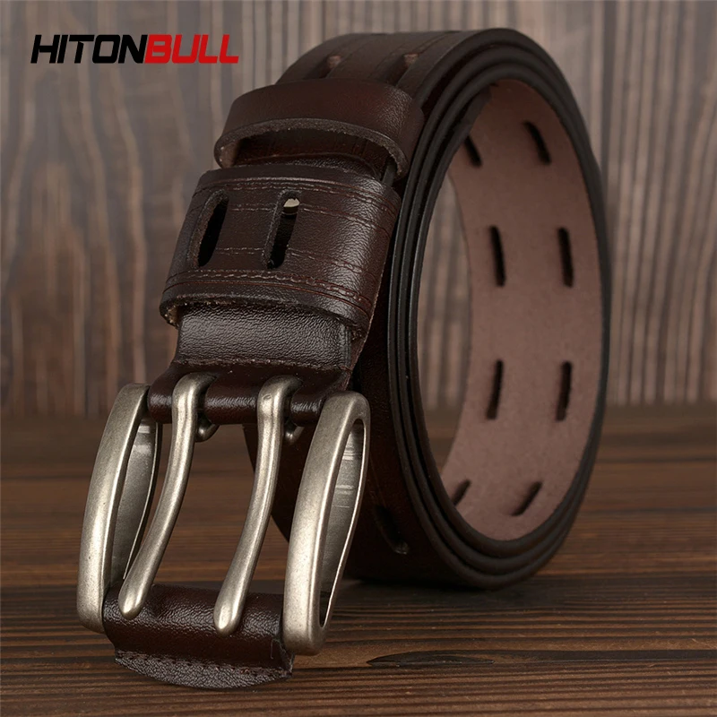 HITONBULL Men's Real Cowhide Belt Luxury Brand Men Leather Unique design Double-row Pin Buckle Belts Fashion Male Waistband