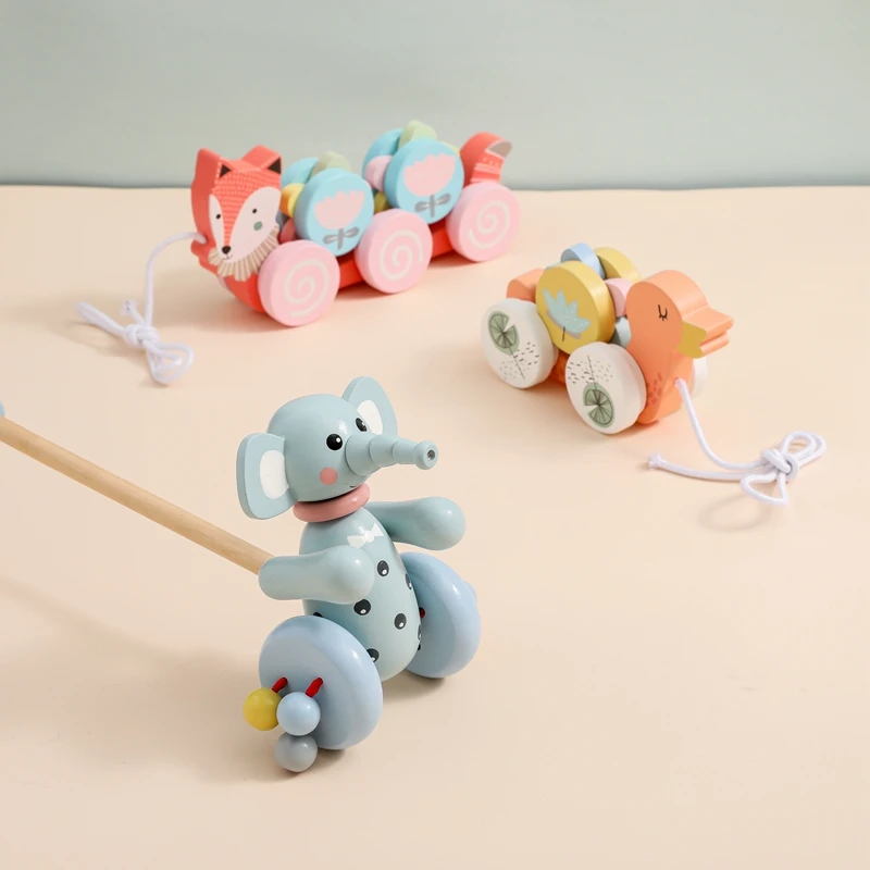 

Baby Toy Wooden Cartoon Animal Trailer Toy Cute Fox Elephant Montessori Music Sound Educational Toy Children's Gift