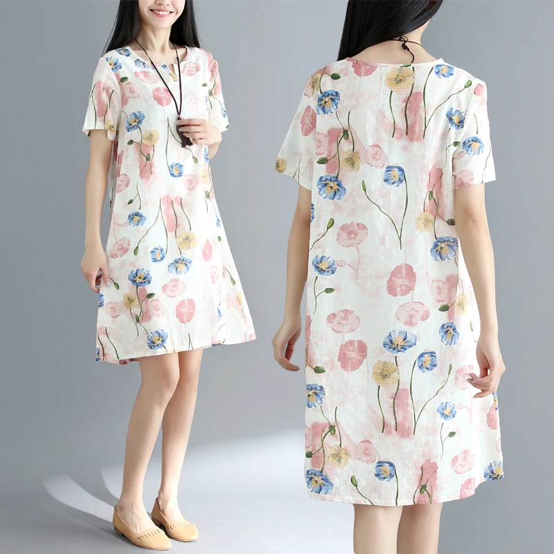 Женское платье-Ципао из 2022 хлопка и льна с коротким рукавом цветочным принтом |