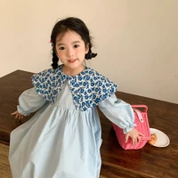 2022 new baby girls collar dress korean long sleeve cotton children clothes kids plus size dresses toddler cute blue clothing