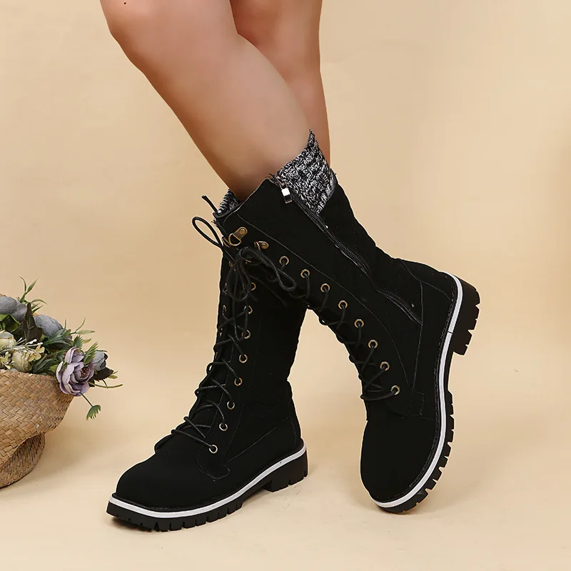 

New Casual Women Mid-Calf Boots Lace-Up Side Zipper Fashion Winter Snowboots Womens Light Single Knight Boots Plus Size 35-43