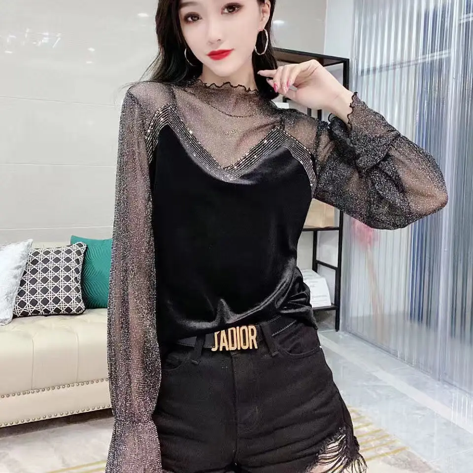 

Blouse Women Autumn and Winter Mesh Lace Velvet Women's Retro Top for Decoration 2020 Blusas Ropa De Mujer
