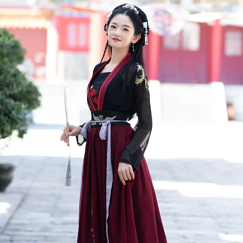 Элегантные красные Hanfu Китайская традиционная Для женщин хлопчатобумажный