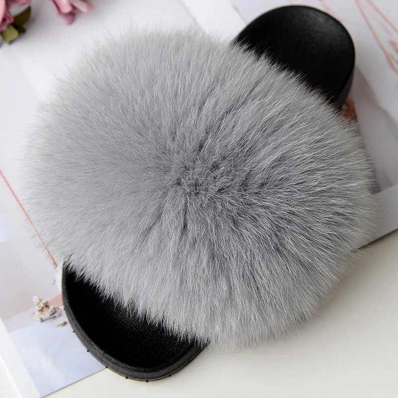 

Real Fox Fur Slides Plus Size Summer 2019 Open Toe Fluffy Real Hair Slippers Casual Black Slip On Flip Flops Furry Shoes