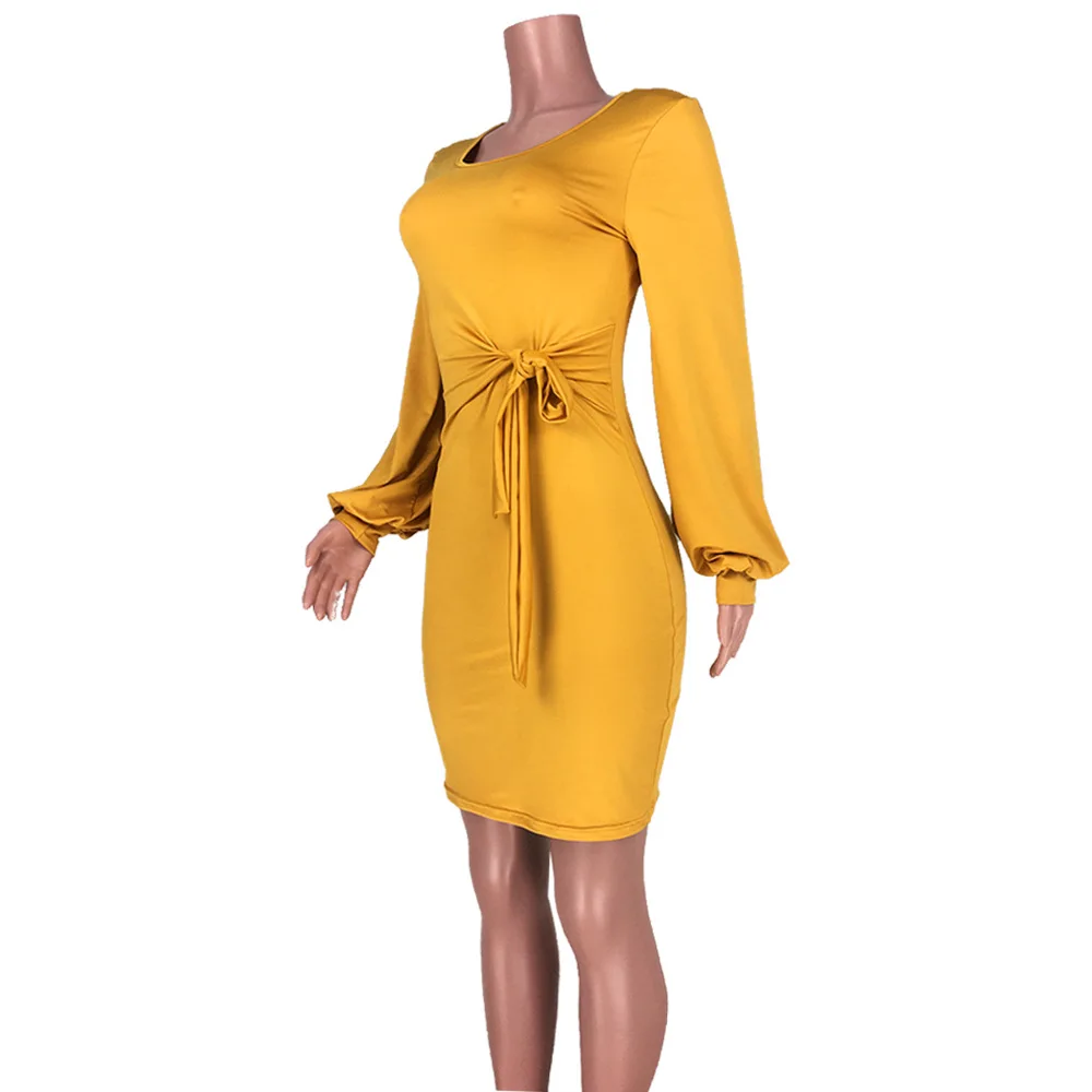 

2020 Autumn Solid Color Round Neck Long Sleeve Small Waist Belt Dress Women Casual Dress Simple Style Office Lady Clothes