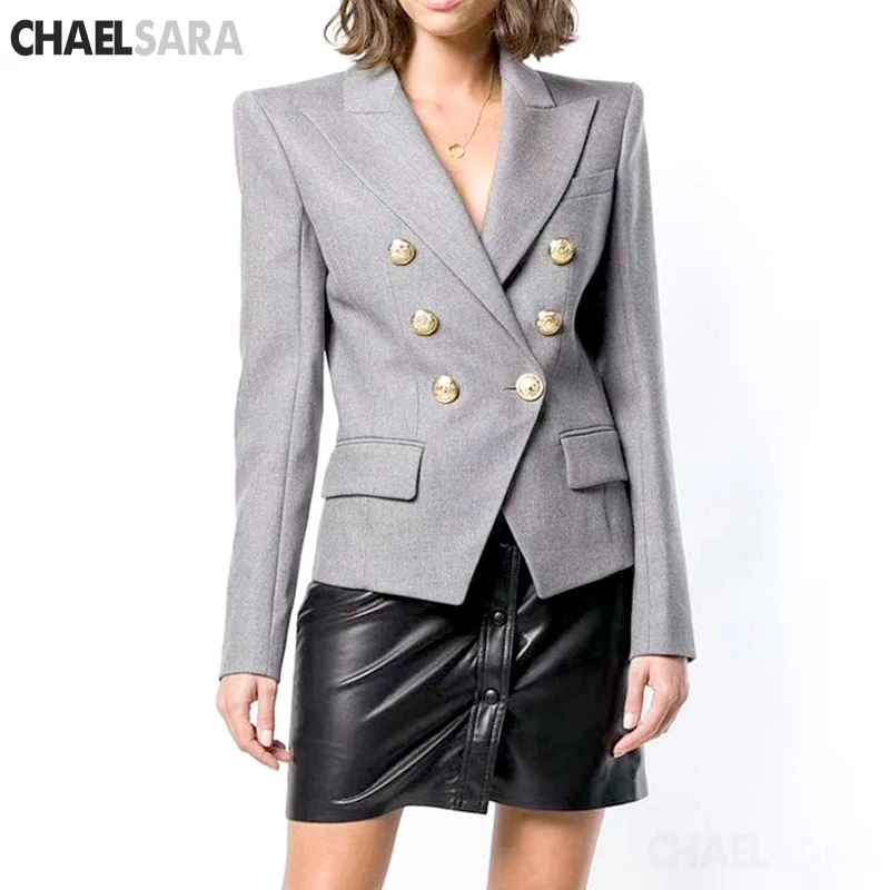 Vintage Double Breasted Gray Women Blazer Pockets Jackets Female Retro Suits Coat Feminino blazers Outerwear High Quality