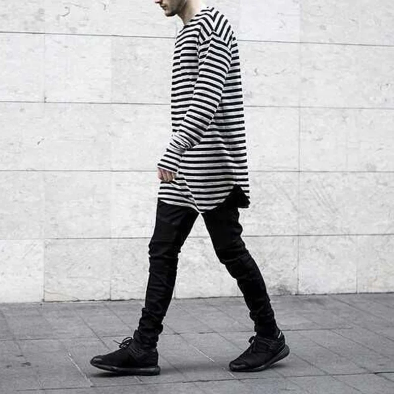 Мужская длинная футболка в полоску с длинным рукавом и вырезом для большого