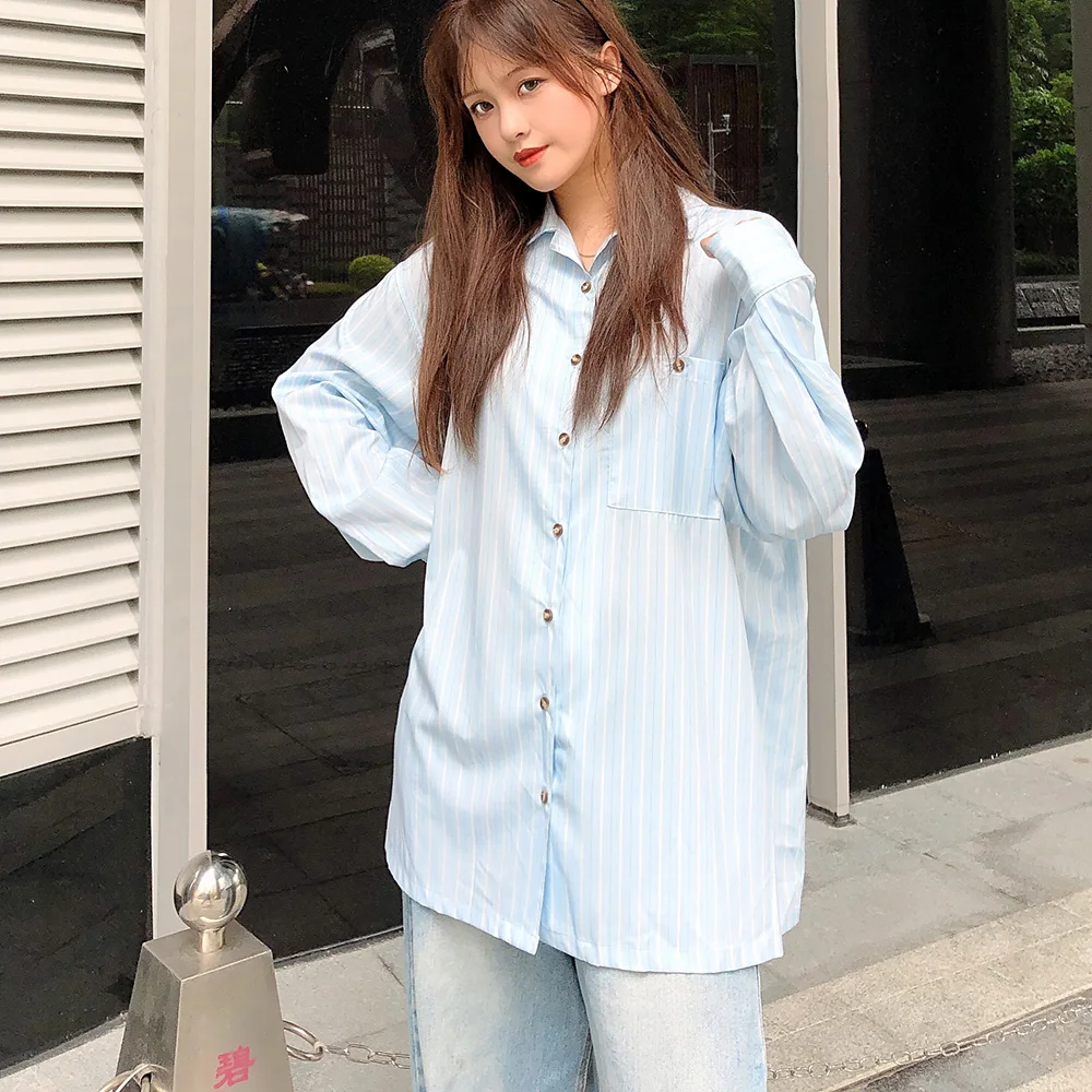 Autumn 2019 loose plus size stripe shirt female women casual blue and yellow large Blusa woman good quality womens blouse |