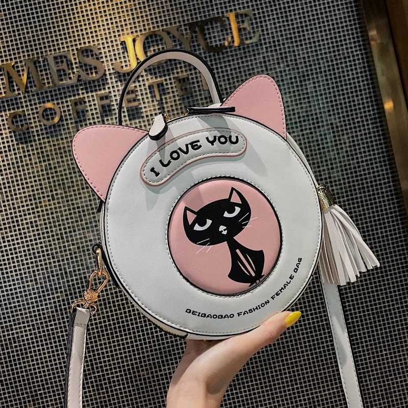 Очаровательные Круглые Женские сумки-мессенджеры с кисточками и кошками сумки