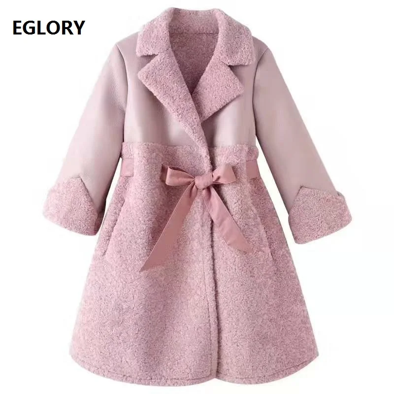 

2019 Autumn Winter Wool Cashmere Coats High Quality Women Suede Leather Patchwork 3/4 Sleeve Casual Pink Long Coats Outerwear