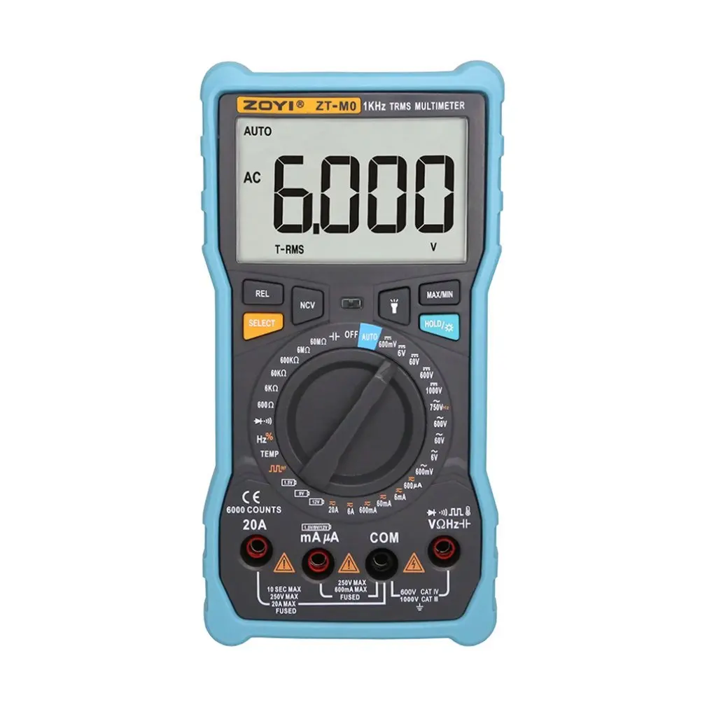 

ZT-M0 True-RMS 20A Digital Multimeter 8000 Counts AC/DC Voltage Current Ohm Temperature Auto/Manual Square Wave Capacitance