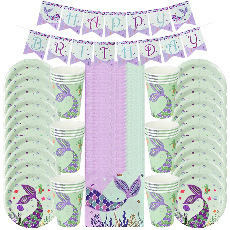 

61pcs/set Mermaid Birthday Party Disposable Party Tableware Set Plate/Napkin Adult Baby Shower Decor Kids Wedding Birthday Decor