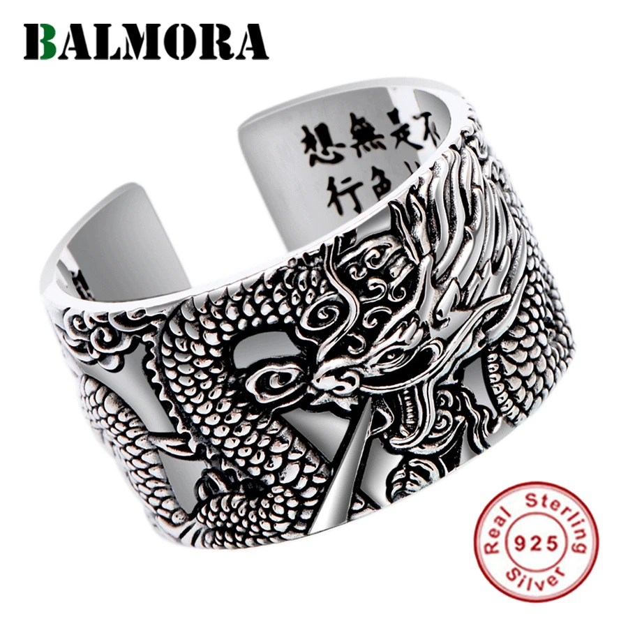 BALMORA Real 999 Pure Silver Dragon Buddhism Sutra Open Rings For Men Stacking Ring Vintage Cool Punk Finger Ring Jewelry Gift