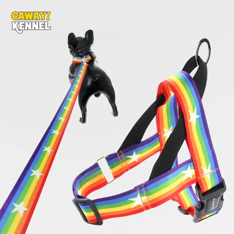 

CAWAYI KENNEL Pet Harness + Leash Set Training Walking Leads for Small Cats Dogs rainbow Print Harness Collar Adjust Leashes Set