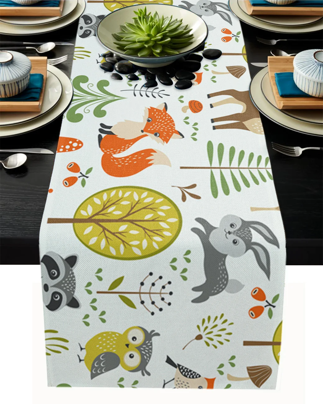 

Forest Cartoon Animals World Fox Bunny Owl Table Runner Wedding Decor Table Flag Christmas Decorations for Home Table Cloth