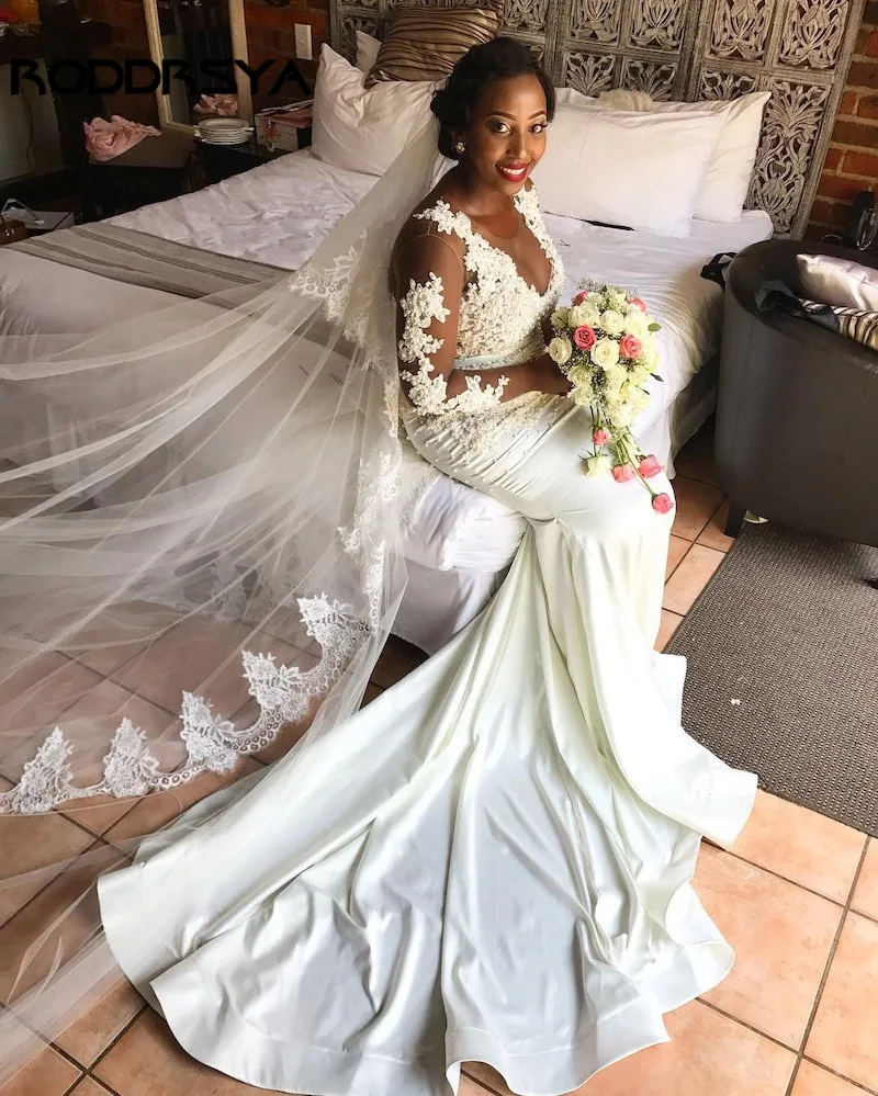 

RODDRSYA Sheer Neck Long Sleeves Mermaid African Wedding Dresses 2020 Sexy Bridal Dress Wedding Gowns Vestido de Novia
