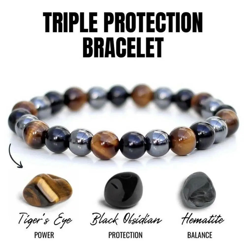 Fashion Natural Stone Bracelet Tiger Eye Triple Protection 8mm 10mm Hematite Black Obsidian Bracelet Elastic Bracelet  Jewelry