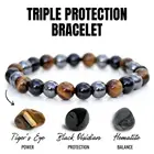 Браслет из натурального камня тигровый глаз тройная защита 8 мм 10 мм гематит черный обсидиан эластичный браслет ювелирные изделия