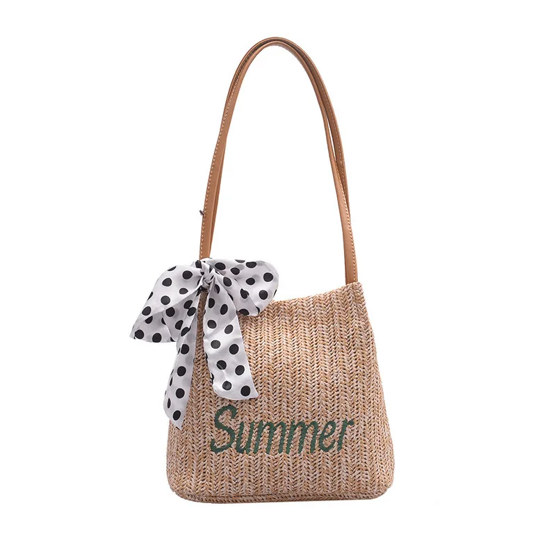 

Silk Scarf Decorative Bucket Straw Bag Weaving Women's Handbag Handbag Shoulder Bag Handbags Women Bags