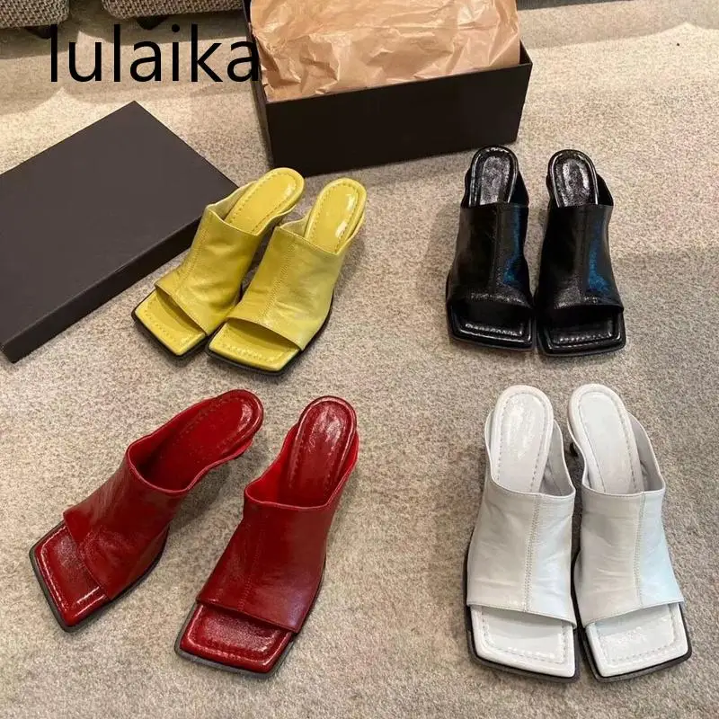 

Women Slipper Fashion Brand Designer Square Toe Outdoor 2021 Summer Sandals Ladies Genuine Leather Elegant High Heel Slides