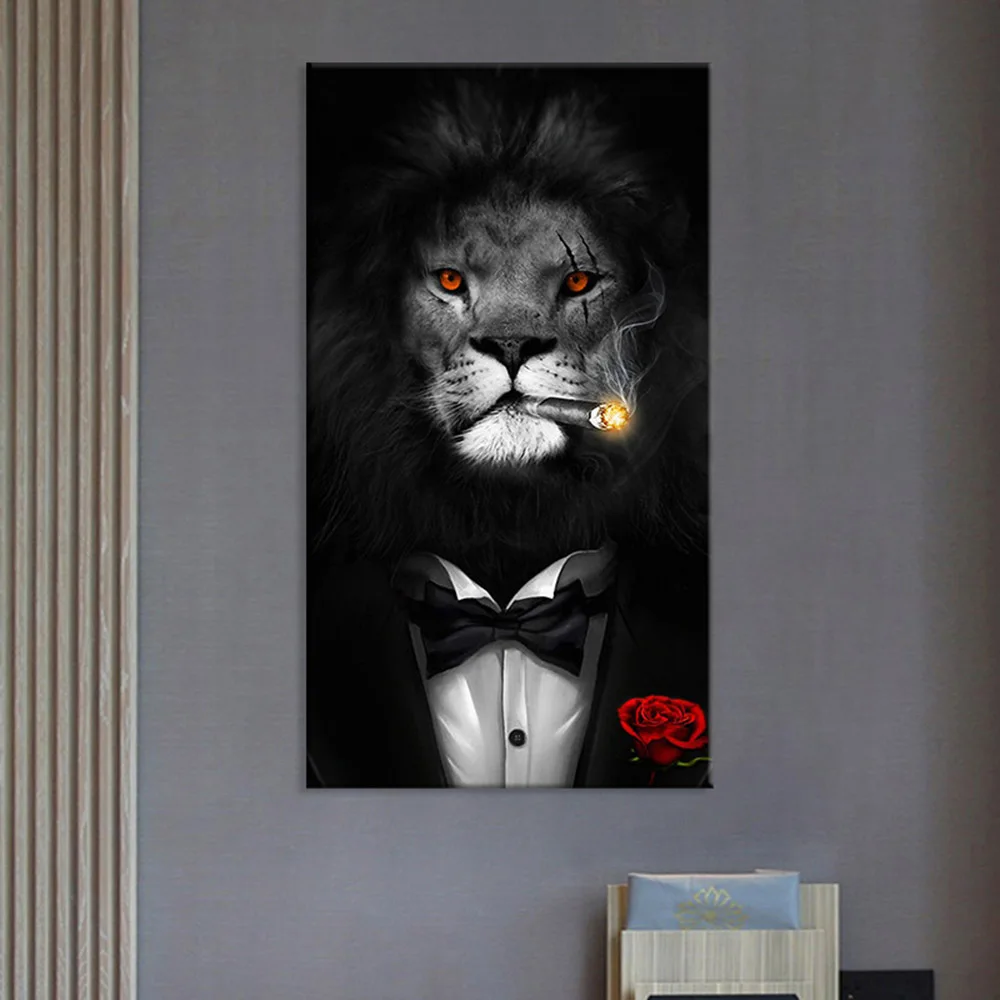Курение лев рисунок на холсте Бизнес костюм в джентльменском стиле принт с