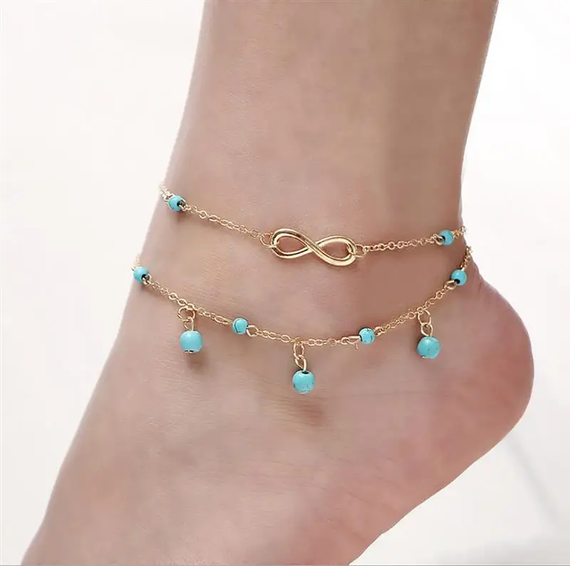 Retro Vintage Antique Silver Color Anklet Women Big Blue Stone Beads Bohemian Ankle Bracelet cheville Boho Foot Jewelry | Украшения и