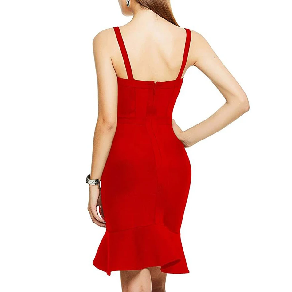 

Miss Water 2020New Summer Women Red Bandage Dress Sexy Spaghetti Strap Sleeveless Ruffles Dress Club Evening Party Dress Vestido