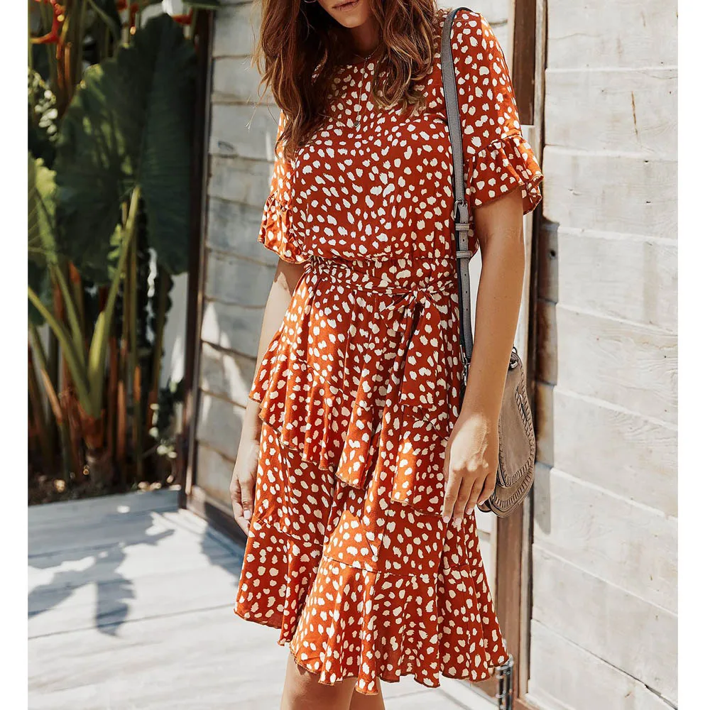 Платье женское шифоновое в горошек с круглым вырезом и оборками | Женская одежда