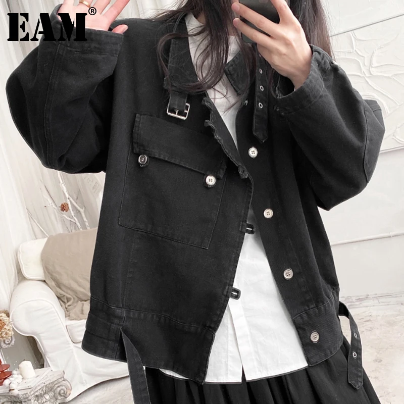 

[EAM] Loose Black Denim Asymmetrical Pocket Jacket New Stand Collar Long Sleeve Women Coat Fashion Spring Autumn 2022 1DD5972
