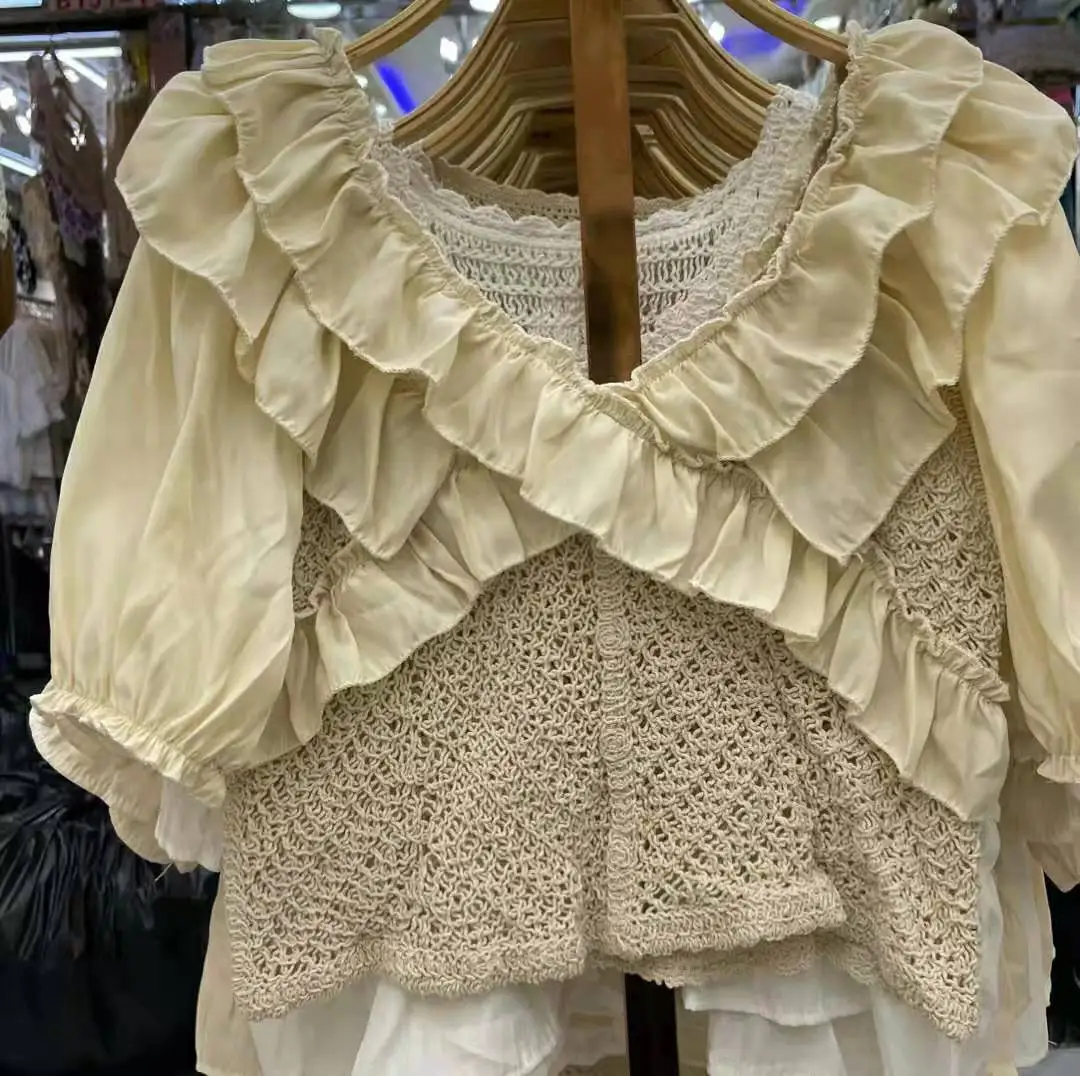 

New Summer Elegant Blusas Women Crochet Hollow out Ruffle Lace Blouse V Neck Slim Crochet Tops Blusas Camisas Femininas