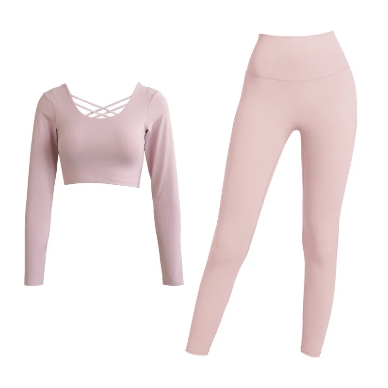 

European and American Long Sleeve Yoga Wear Suit Women's Back Tight Top Sports Running Fitness Clothes Yoga Pants Two-Piece Suit
