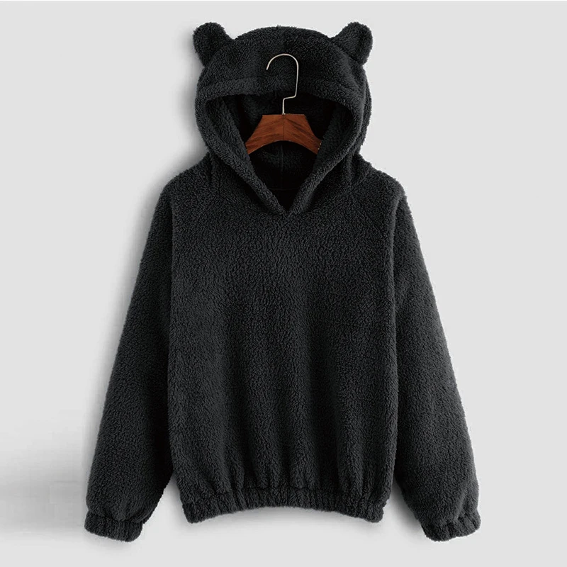 

QRWR 2021 Autumn Winter women Sweatshirt Lovely Bear Ears Solid Color Fleece Hoodies Casual Kawaii Plush Warm SweatshiRT Women