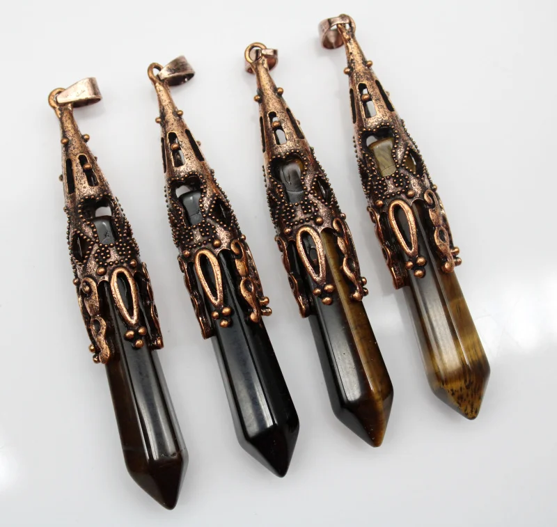 

wholesale 6pcs Natural stone crystal aventurine opal copper colour hexagon pendulum pendant amulet healing chakra charm jewelry