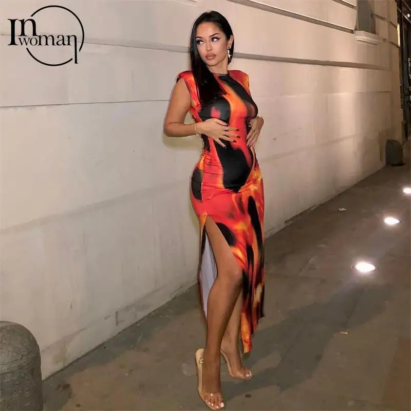 

Inwoman Fall O Neck Print Wrap Red Long Dresses Women 2021 Slit Sexy Party Maxi Dress Ladies Club Sleeveless Bodycon Dresses