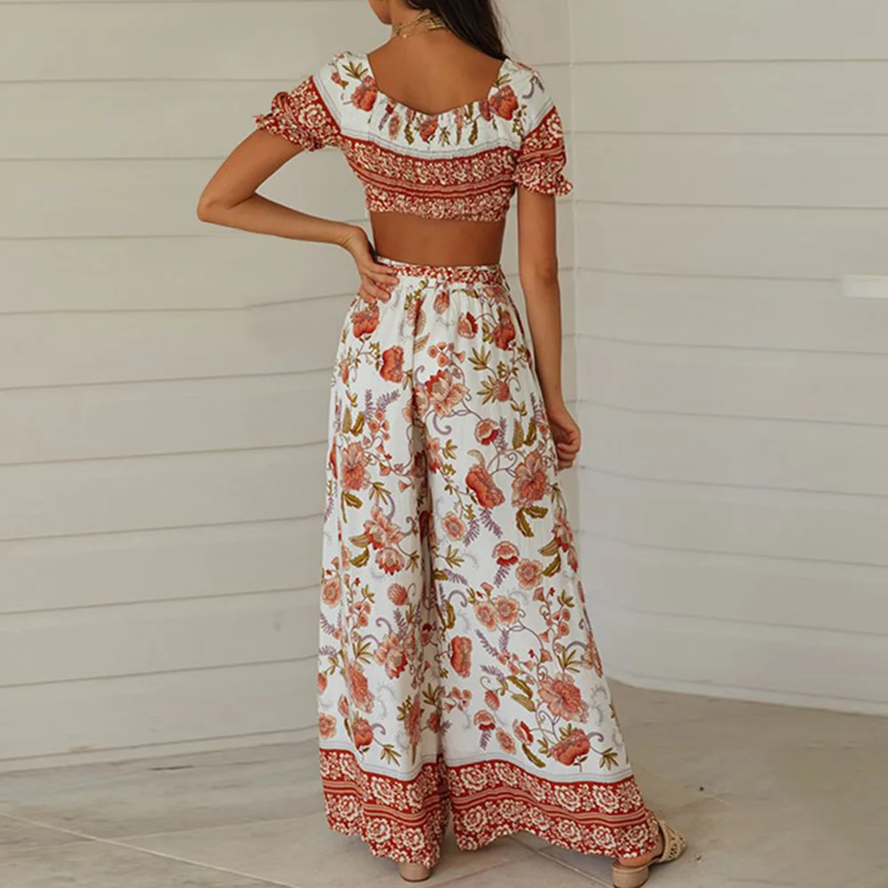 

Bohemian Two Piece Set Women Outfits Summer Causal Loose Woman Short Top And Wide Legs Pants Lace Up Female 2021 New Fashion