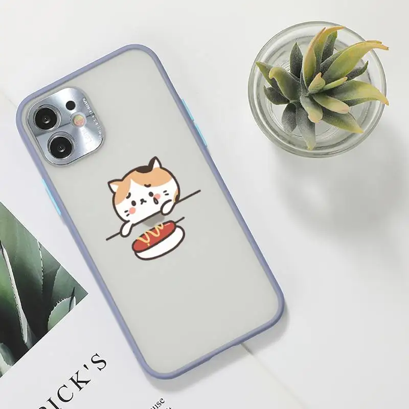 

Cartoon cute cat food glutton Phone Case For iPhone 12 11 Mini Pro XR XS Max 7 8 Plus X Matte transparent Gray Back Cover