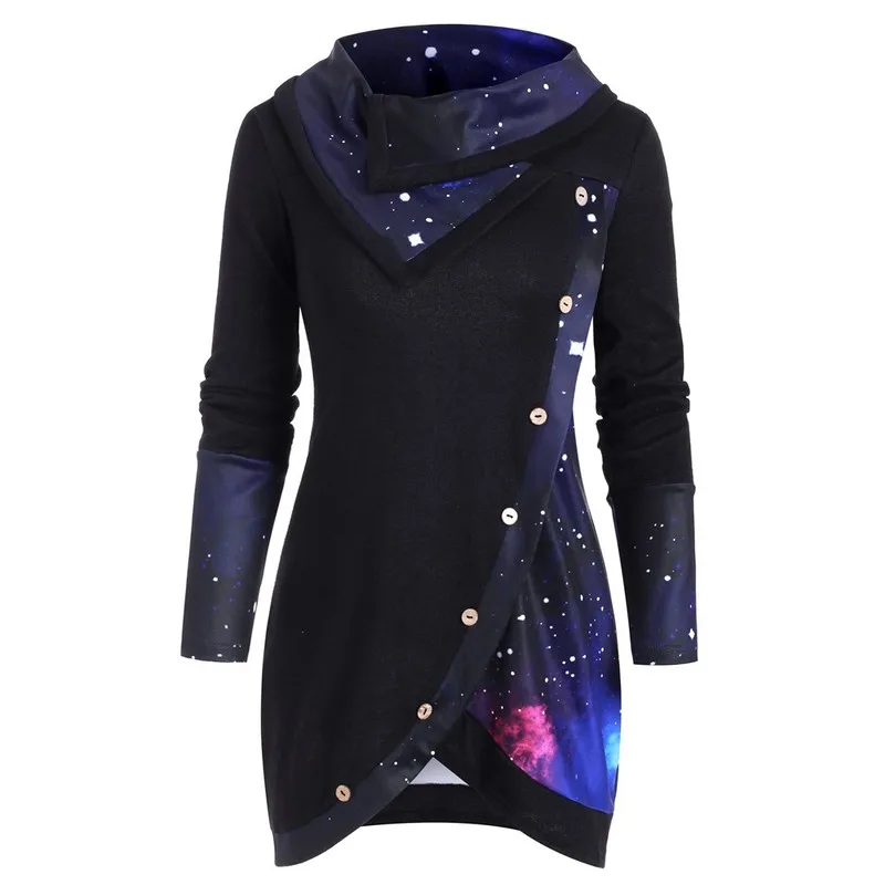 

Fashion Creative Sweatshirt Women Long Sleeve Cowl Neck Galaxy Panel Irregular Buttons Long Winter Tops Plus Size 5XL