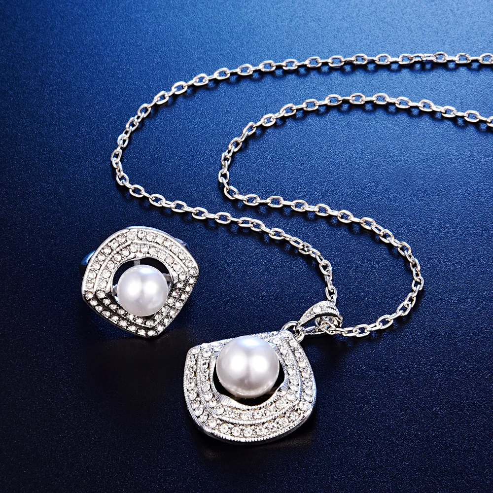 TSHOU187 Свадебный квадратный жемчужный комплект ожерелье серьги кольцо из трех