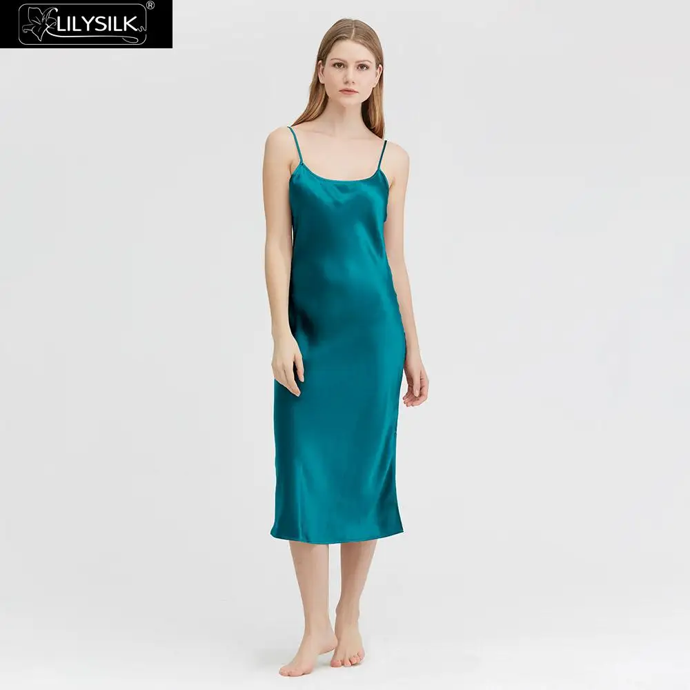 Dark Teal LilySilk Женщин шелковой ночной рубашке шелк сатин ткани полная длина женственный 22 momme ночная сорочка на тонких бретельках Эротическое белье ОДЕЖДА ДЛЯ СНА шелковой - Цвет: Dark Teal