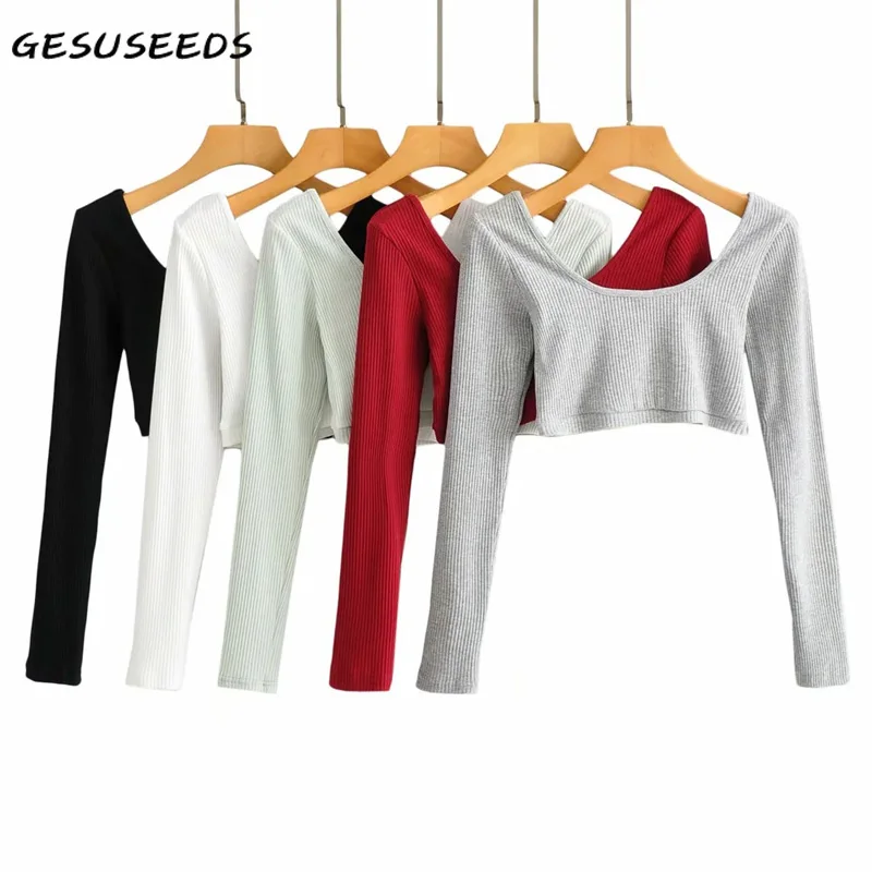 

Женская футболка с длинным рукавом, трикотажный топ с u-образным вырезом и открытой спиной, Корейская укороченная футболка, Повседневная бе...