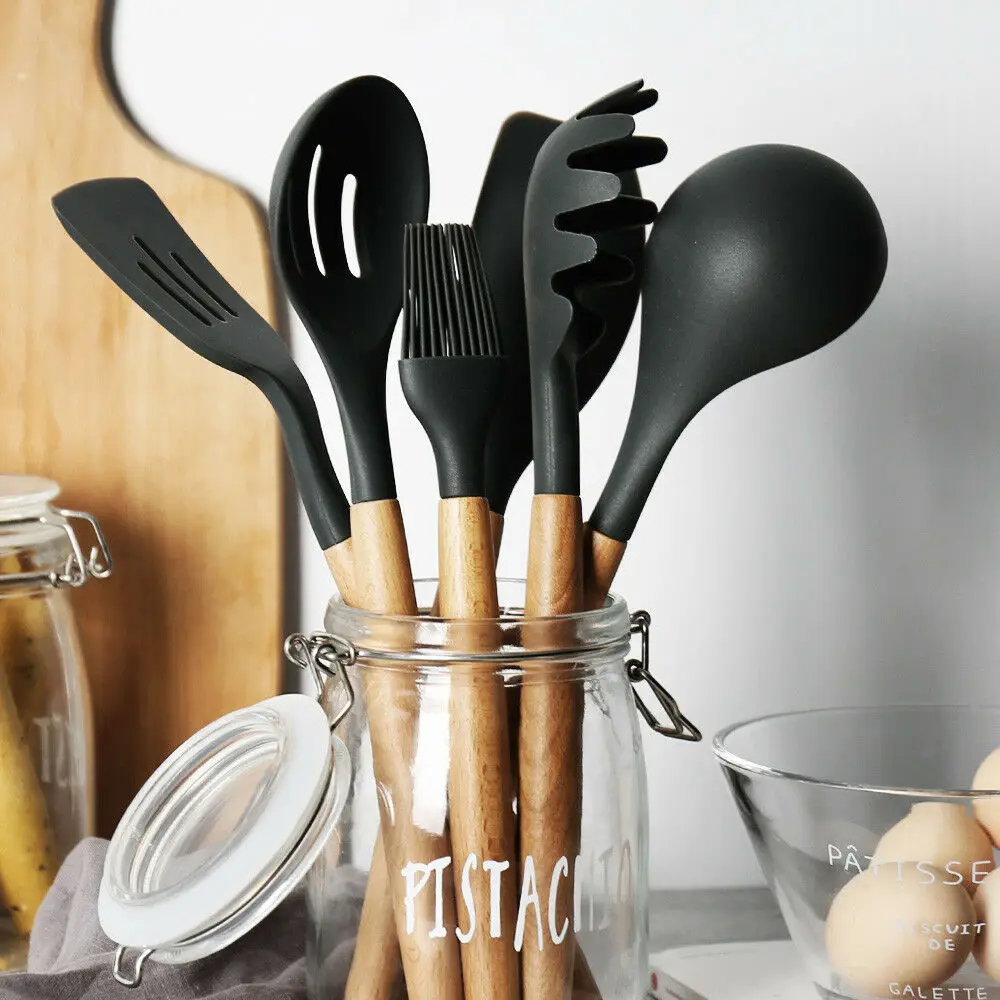 Multiple Style Wooden Handle Silicone Spatula Soup Spoon Fork Colander Shovel Cooking Utensils Kitchen Tool Suit Exquisite | Дом и сад