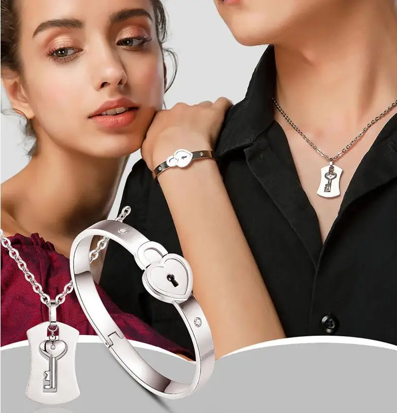 

Fashion A Couple Jewelry heart lock bracelet & key necklace Stainless Steel Love Pendant Necklace Couples Set