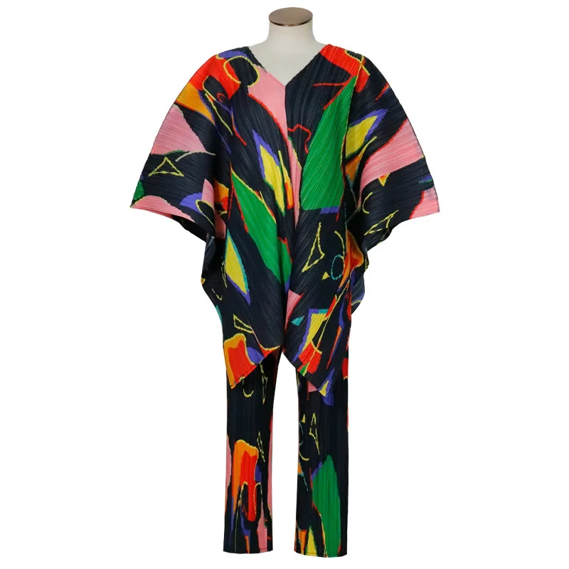 LANMREM хит цветной пуловер с v образным вырезом топы и штаны принтом для женщин