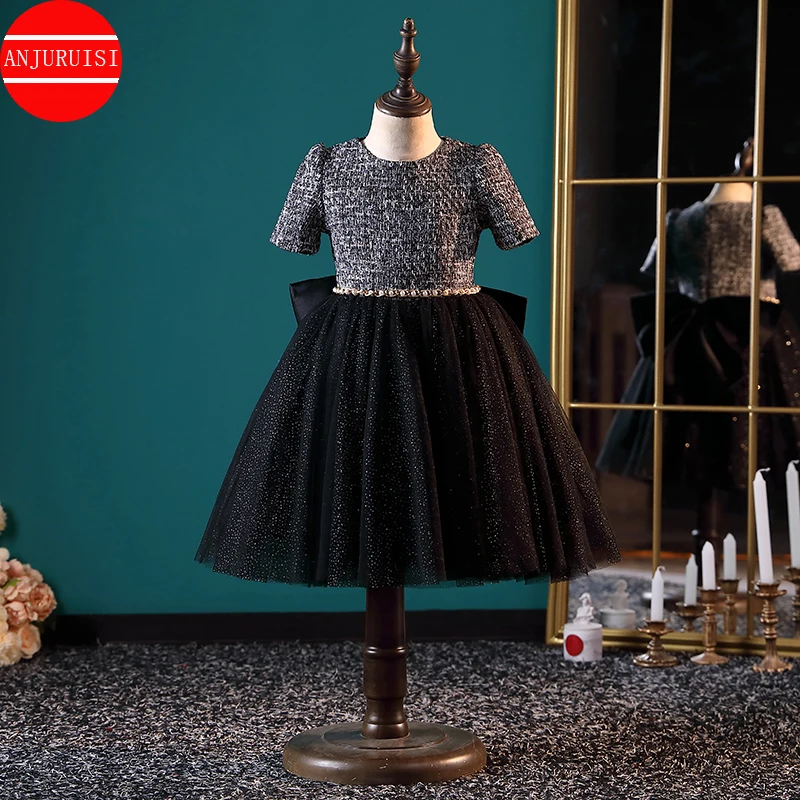 

Black Tulle Flower Girl Dresses Short Sleeves Vestido Infantil Menina O-Neck Ball Gown Comunion Niña Festa Robe Fille With Bow