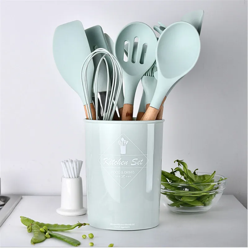 9/10/12PCS Silicone Cooking Utensils Set Non-stick Spatula Shovel Wooden Handle Tools With Storage Box Kitchen | Дом и сад