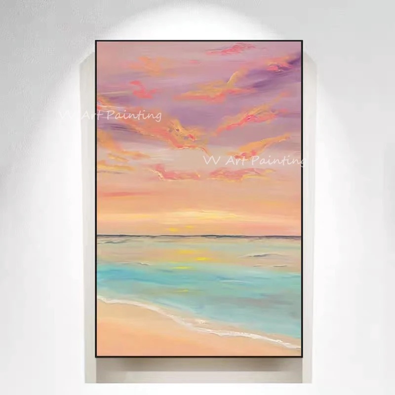 

romantic colorful purple pink ocean seaside landscape Oil Painting on Canvas Posters Wall Art Painting Picture for Living Room
