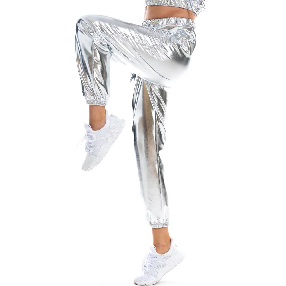 Блестящие растягивающиеся леггинсы с высокой талией из жидкого металла вечерние чные блестящие штаны в стиле хип-хоп, лазер с голограммой от AliExpress WW